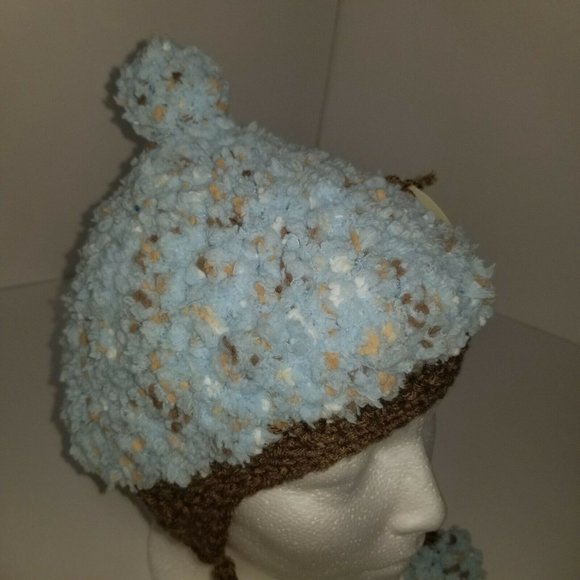 Toddler Child Lt Blue Brown Handmade Knitted Crochet Pom Pom Earflap Bomber Hat - Picture 7 of 9